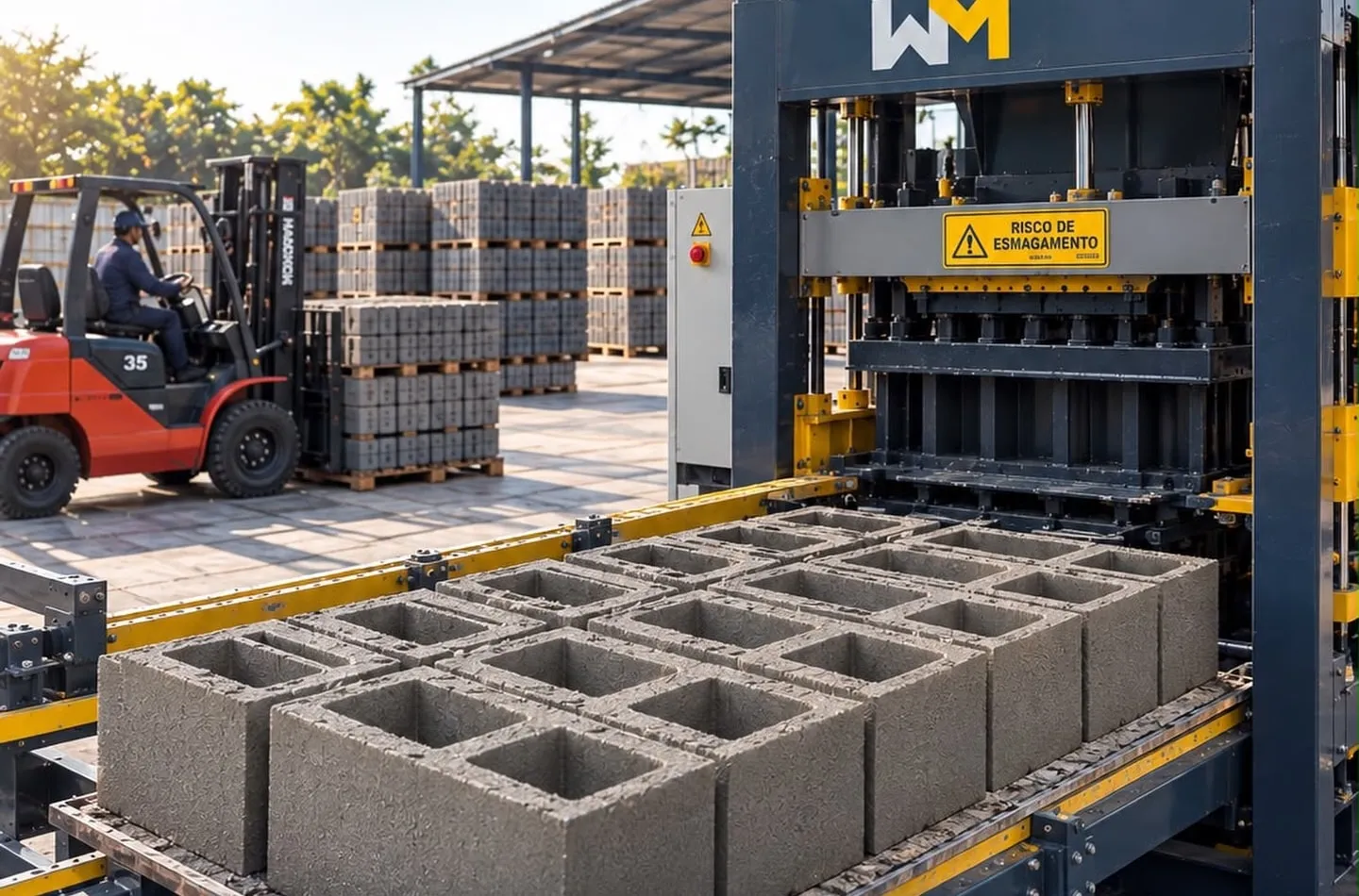 Vibroprensa com blocos de concreto recém-moldados e empilhadeira no pátio